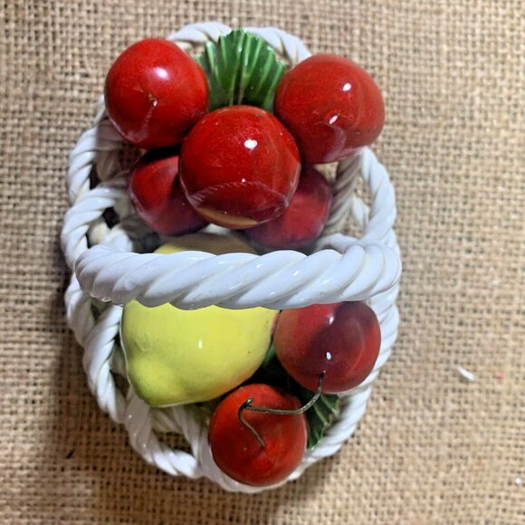 Vintage Ceramic Laced Fruit Basket 4.5" Oval Lemon Cherries Made in Italy - Picture 6 of 11